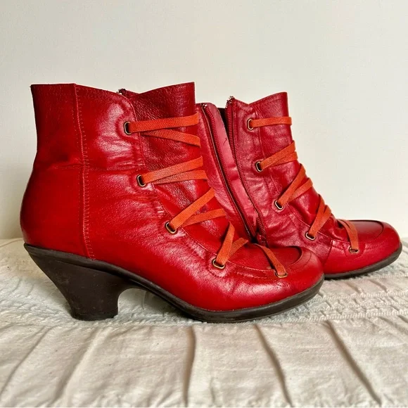 Miz Mooz Red Leather Lace Kitten Heel Boots - Picture 1 of 11